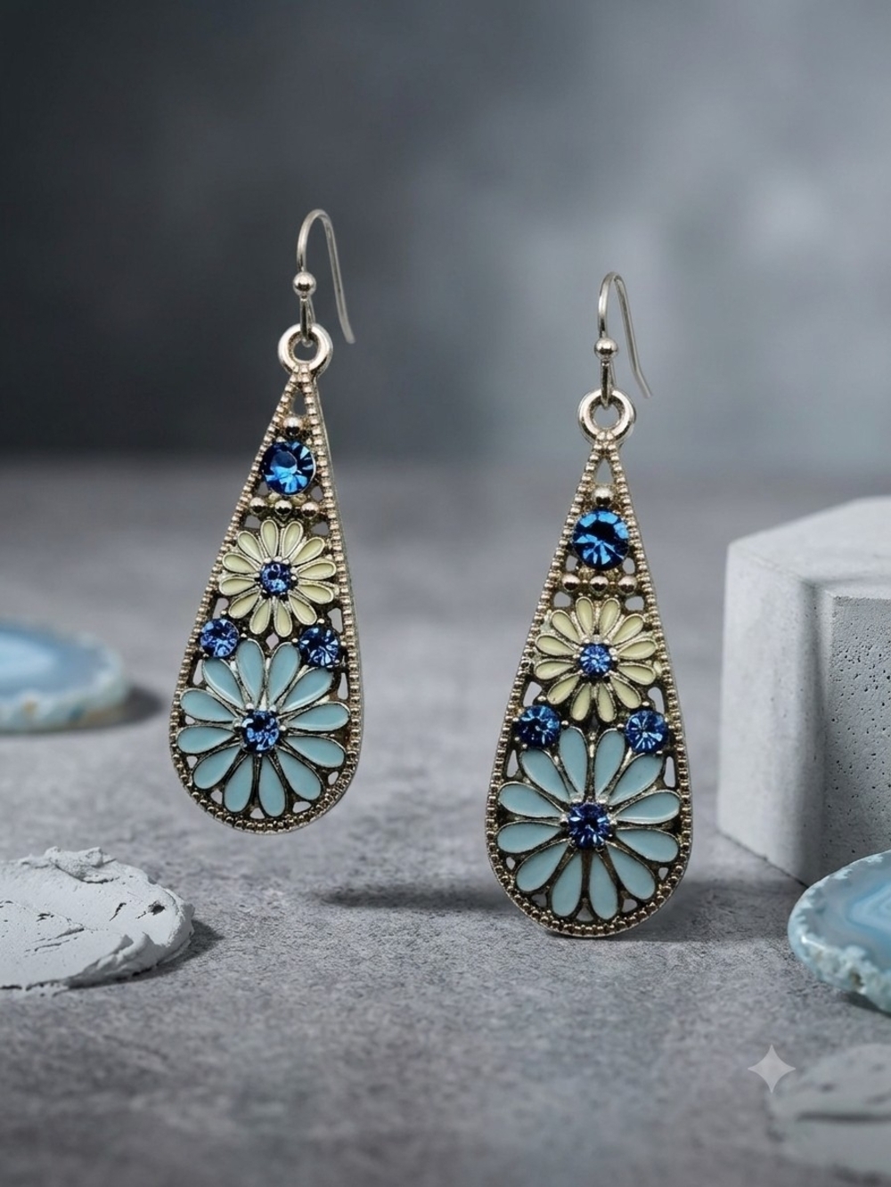 Blue and Pale Yellow Floral Teardrop Earrings - Picture 3 of 16